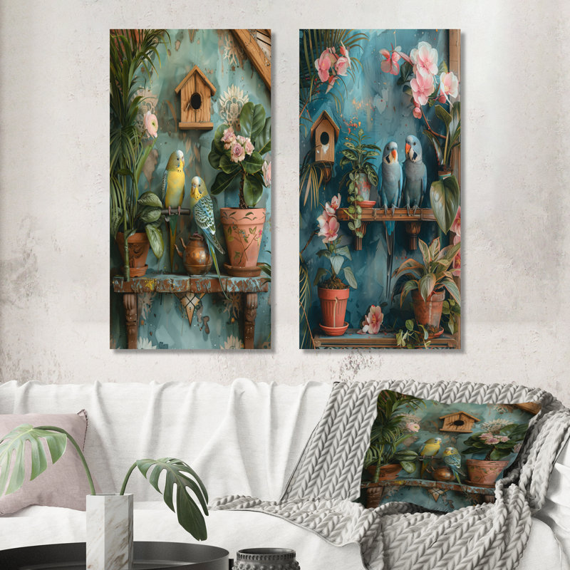 «Parakeets In A Flower Garden I» - ensemble d'art mural 2 pièces, Toile tendue, H 28 po x l 24 po