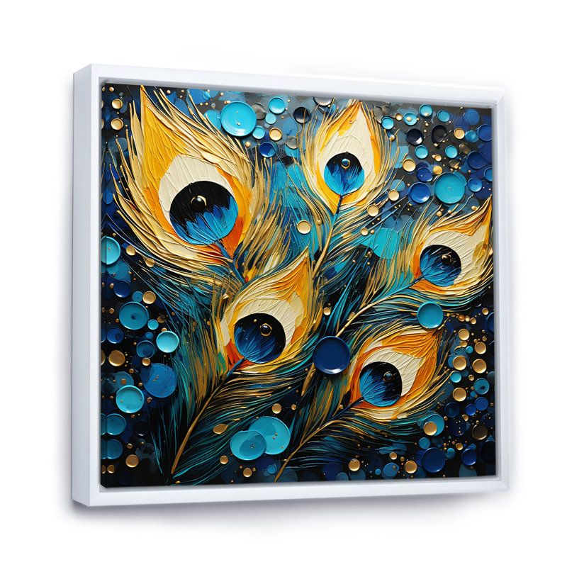 Plumes de paon sur toile, reproduction d'art, Cadre flottant blanc, H 24 po x l 24 po x P 1 po