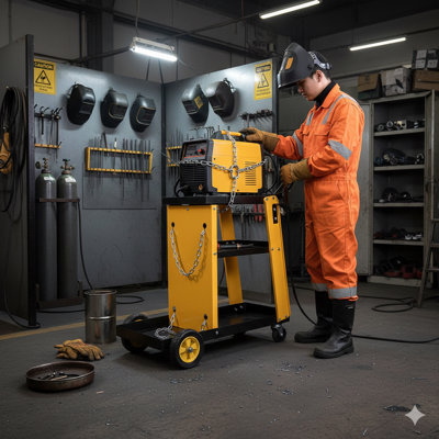 Multi-Purpose Three-Tier Welding Cart Designed For Gas Bottle And Accessory Storage. A Robust Cart Suitable For TIG, MIG Welders, And Plasma Cutters, Featuring Upgraded Handles And Enhanced Tank Storage Capacity.
