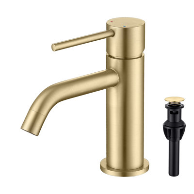 CALBASE Bathroom Sink Faucets Brushed Gold Single Handle Single Hole Stainless Steel Hot and Cold Water valve with Pop Up Drain and Supply Lines