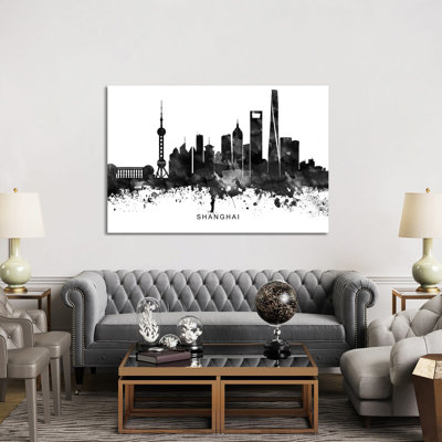 Shanghai Skyline Black & White by WallDecorAddict - Wrapped Canvas Print