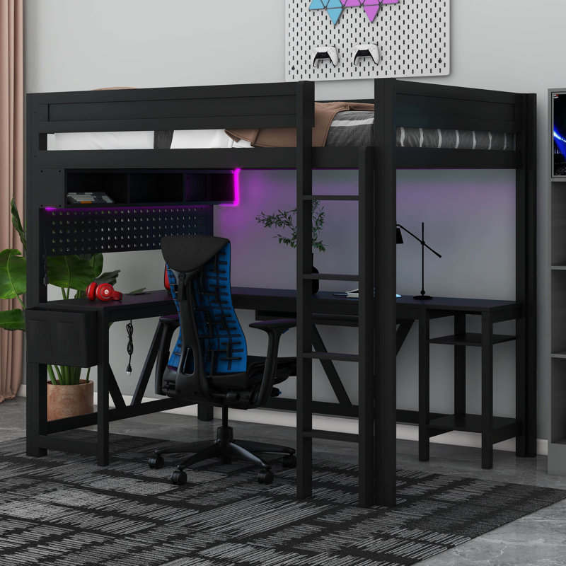 Lit mezzanine moderne en bois pleine grandeur avec bureau intégré, station de charge, lumière DEL, tablette de rangement, organisateur en tissu et rails de sécurité