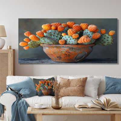 Orange Green Monochrome Photo Of Cactus In Vase I - Floral Cactus Wall Art Print