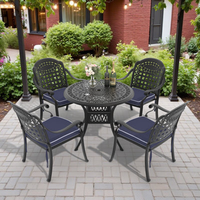 5-Piece Patio Dining Set, 35.43" Round Dining Table with Umbrella Hole & 4 Stackable Chairs with Blue Cushions
