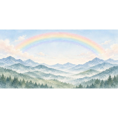 Misty Mountain Rainbow Wallpaper Mural, Peel and Stick Kids Room Wall Mural, Watercolor Mountain Rainbow Nursery Wallpaper