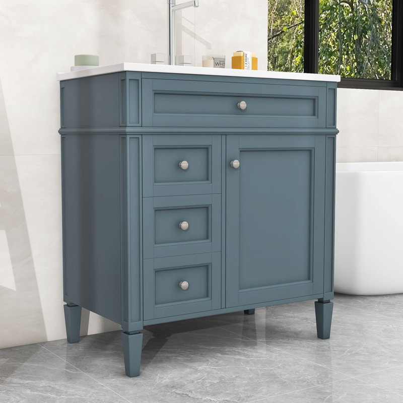 Bathroom Vanity with Top Sink, 2 Drawers and a Tip-out Drawer, Blue
