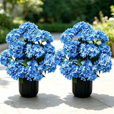 Hortensias artificiels en pot de 50 cm (20 po), résistants aux UV, lot de 2, fleurs en soie pour porche, patio, entrée et décoration intérieure, bleu
