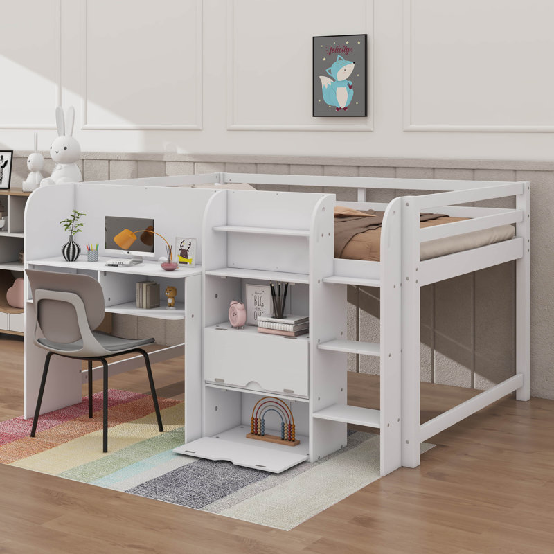 Lit mezzanine double avec bureau intégré, compartiments de rangement, tablettes ouvertes et tableau blanc Creative Idea
