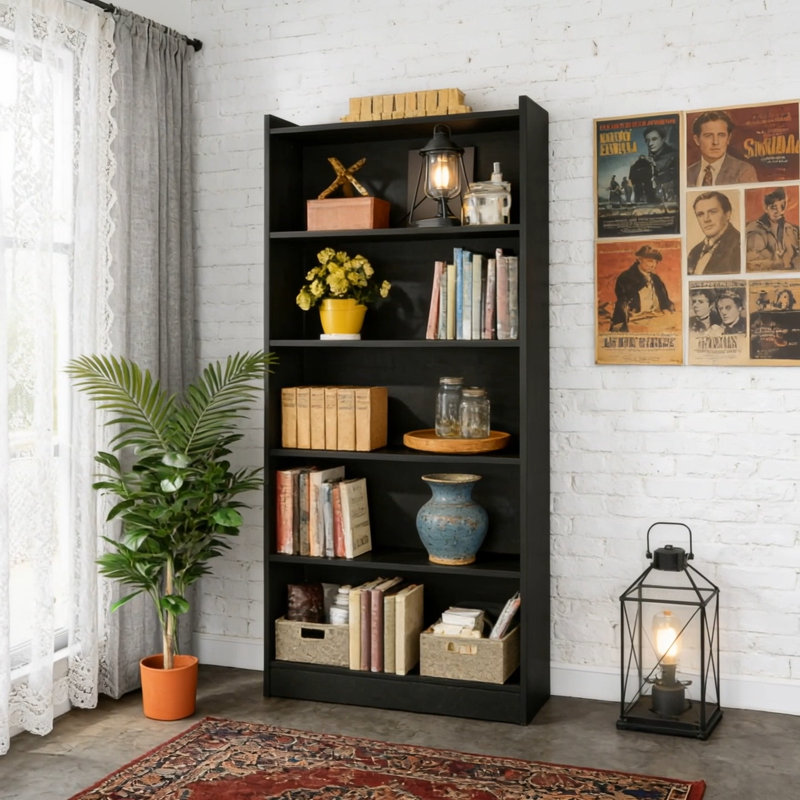 Wood Bookcase, 72" Tall Bookshelf with 6-Tier Open Storage Shelves, Black