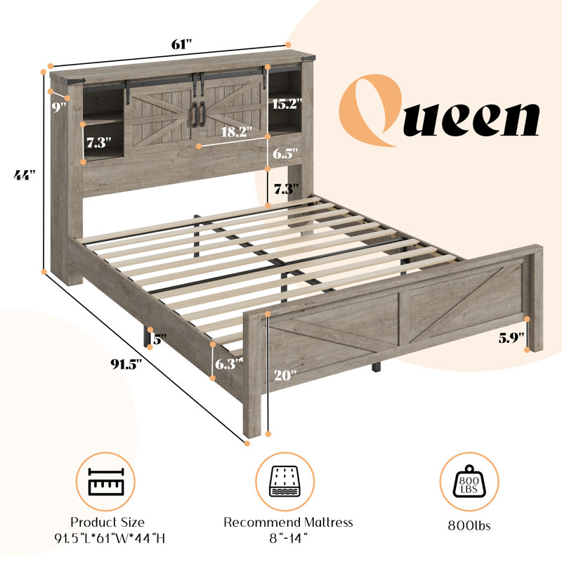 Oceant Sherell Farmhouse Bed Frame Storage Bookcase Headboard
