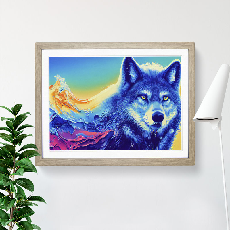 XH1022-10264X Wolf In Colour - Single Picture Frame Print, 25cm H x 34cm W, Oak 