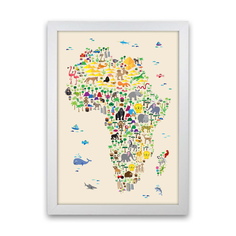 Animal Map Of Africa by Michael Tompsett - Print, 46cm H x 34cm W x 3cm D, White Framed