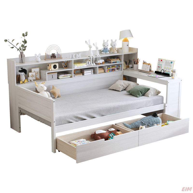 Lit de jour en bois avec tablettes de rangement, lit multifonctionnel avec deux tiroirs de rangement et bureau d'étude (lit de jour)