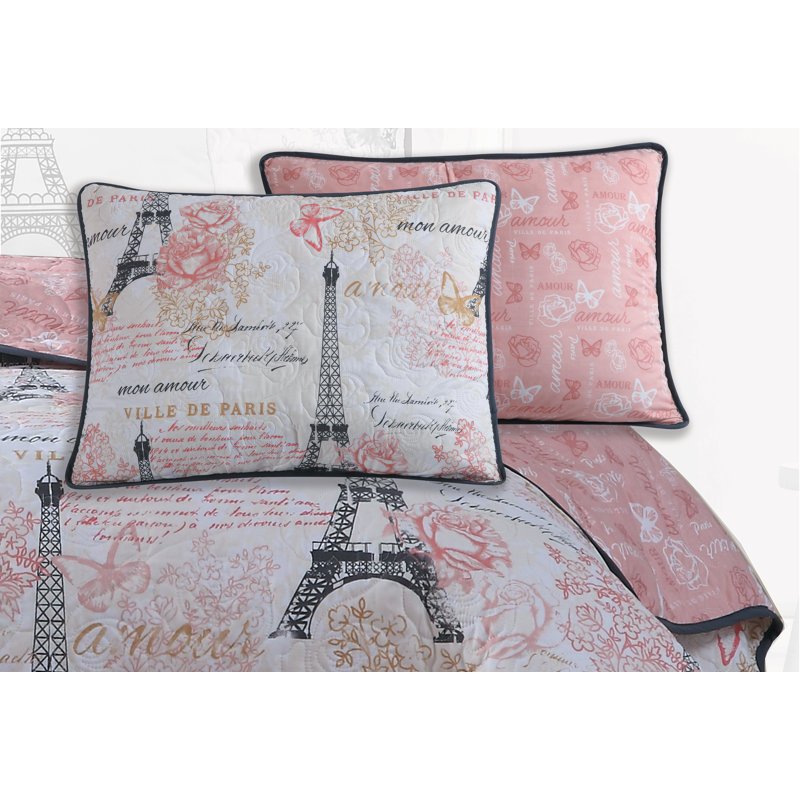 Amour Polyester Toile Quilt, Pink, King Quilt + 2 Shams + Throw Pillow