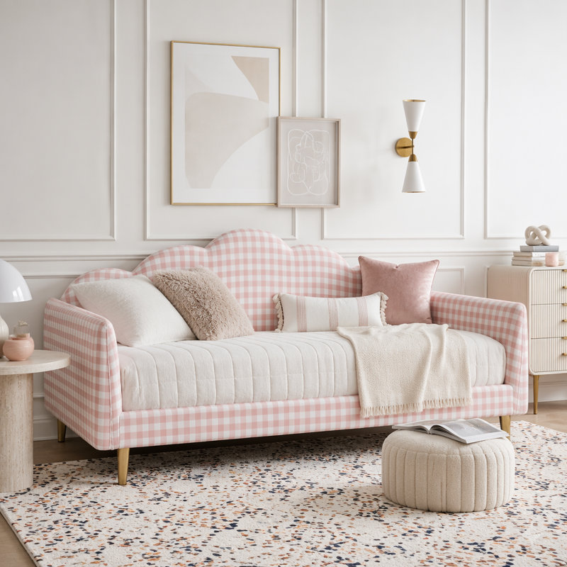 Structure de lit de jour plateforme entièrement rembourrée en vichy, avec tête de lit avec accoudoirs latéraux, pour chambre à coucher, salon, chambre d'amis, pieds en métal et support à lattes
