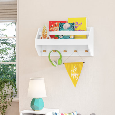 RiverRidge Kids Catch-All Wall Shelf with Bookrack and Hooks for Books and Bags - White with Pine Wood Accents