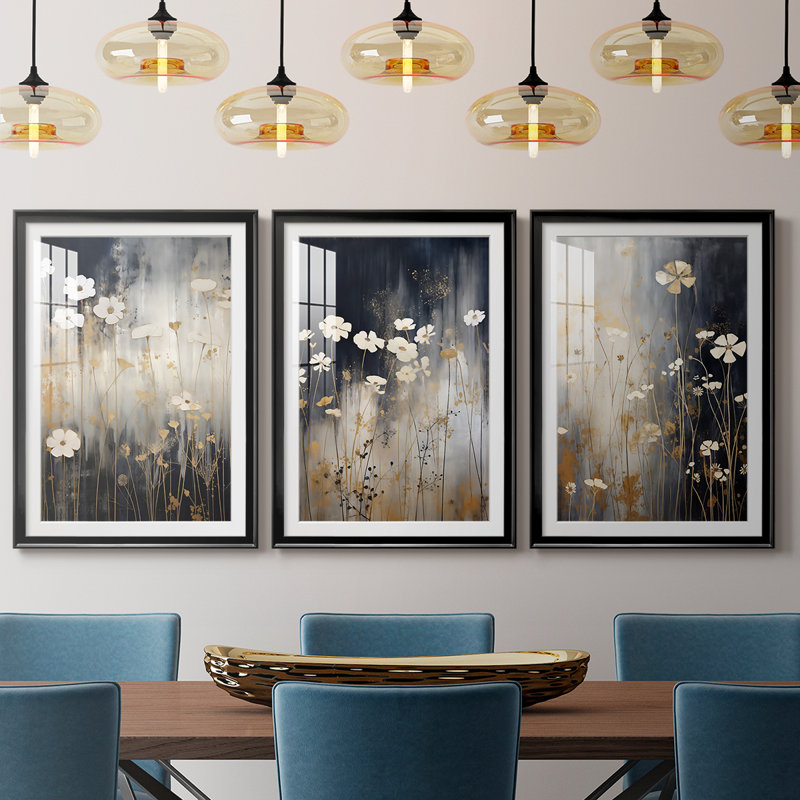 FLORAL Series CDI  -Custom Framed  Premium Print W Matt - 3 Pieces, Black, 21" H x 30" W