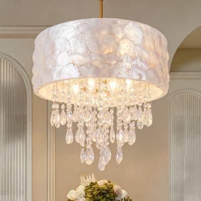 4-Light Dimmable Capiz Shell Drum Chandelier With Crystal Accent