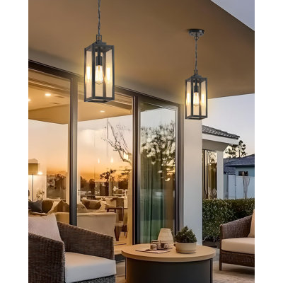  15'' Large Motion Sensor Outdoor Pendant Lights, Dusk to Dawn Modern Outside Chandelier Outdoor Hanging Lantern with Clear Glass, Exterior Pendant Lighting Fixture for Porch, Yard, Black, 1Pack