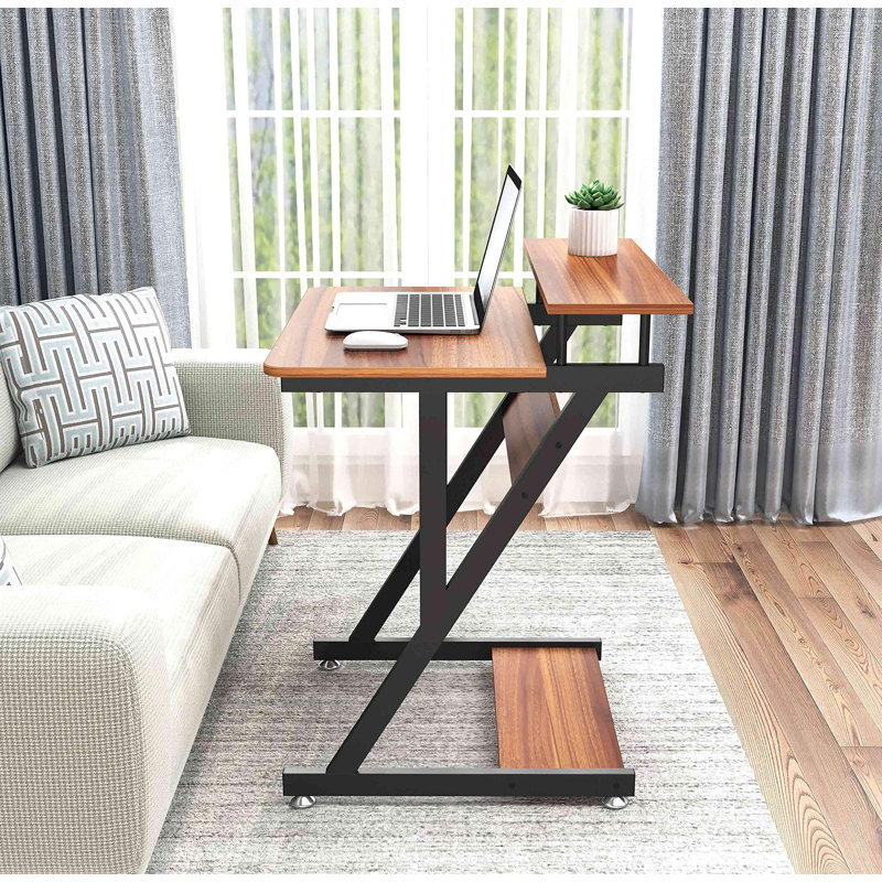 Computer Desk with Monitor Shelf - Mobile Z Shaped Home Office Desk with Storage Shelves and Movable Wheels for Small Spaces, Compact Corner Desk Space-Saving
