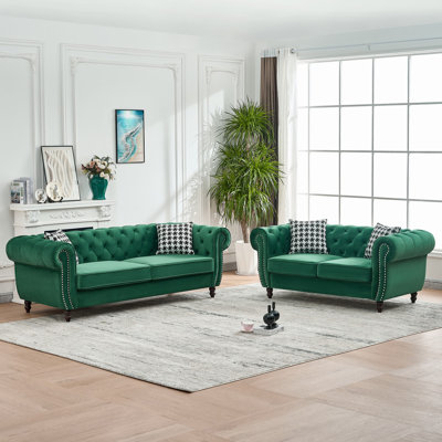 Three-Seat And Two-Seat Chesterfield-Style Upholstered Sofa With Rolled Arms, Nailhead Trim, Mid-Century Modern Design, And Premium Velvet Fabric For Living Room, Office, Or Apartment Use.
