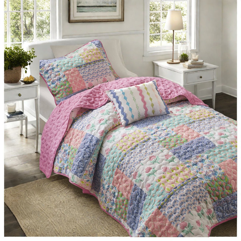 Ensembles de literie 3 pièces confortables, courtepointe rose patchwork réversible pour la maison