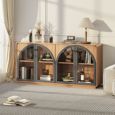 Buffet 68 po avec 4 portes en verre arquées, pour la cuisine, la salle à manger, le bar à café avec lumière DEL et chêne