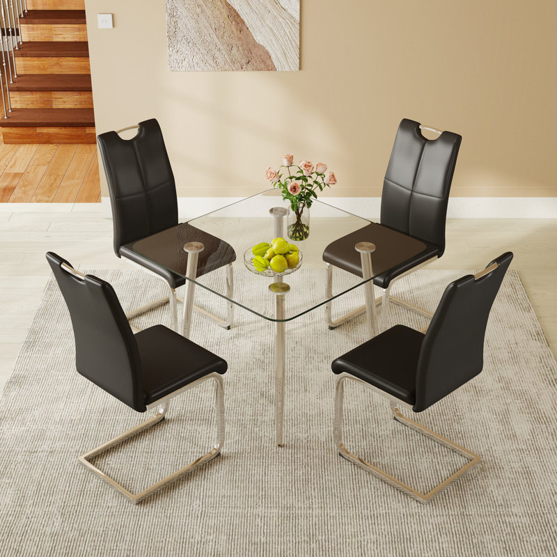 5-Piece 36 Inch Square Dining Table Set, Tempered Glass Top Table With 4 Upholstered Leather Dining Chairs, Modern Kitchen Dining Set For Small Space, Dining Room & Breakfast Nook