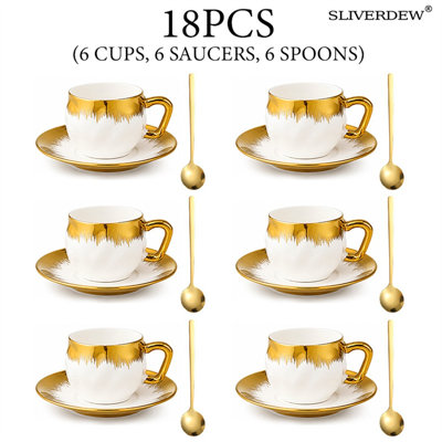 18 piece gold porcelain tea cup and saucer set, 6 espresso coffee cups with spoons, white and gold bone china tea set