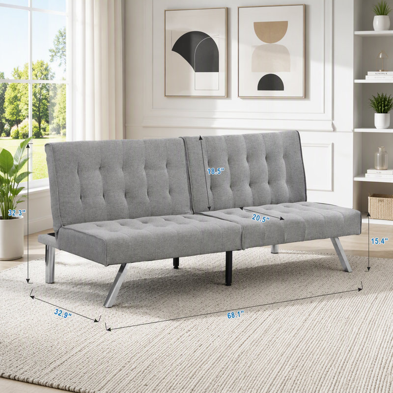 Canapé-lit convertible futon avec structure en bois, pieds en acier inoxydable et conception ergonomique, Tissu gris