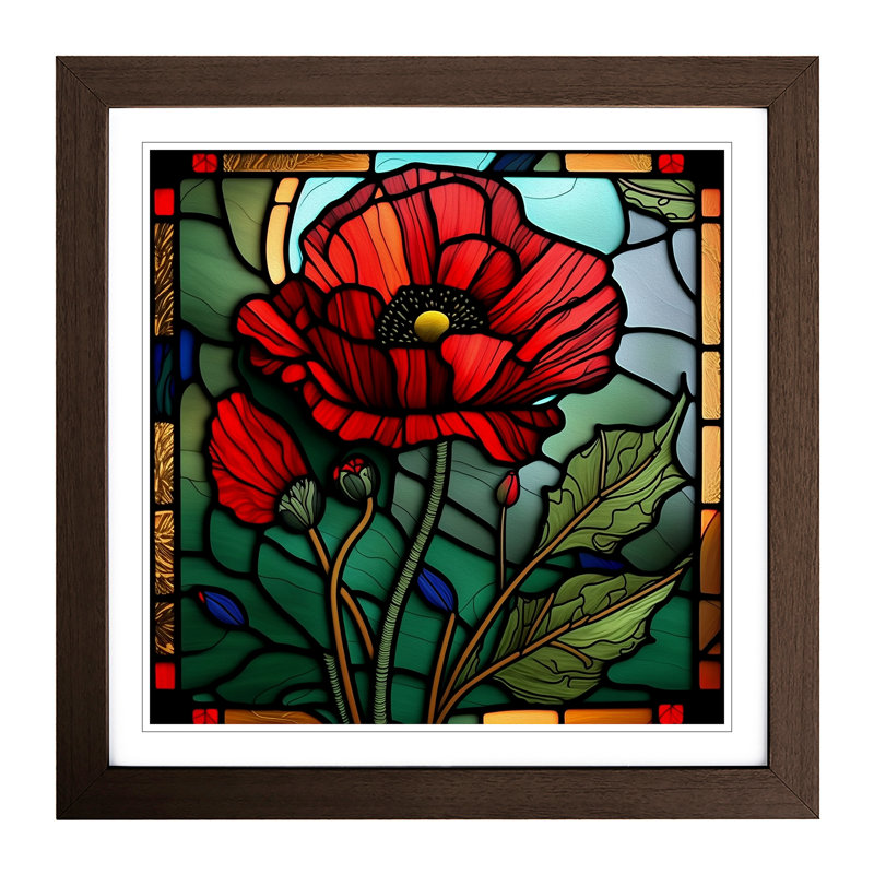 Poppy Flower Stained Glass Effect - Single Picture Frame Print on Wood, Walnut
