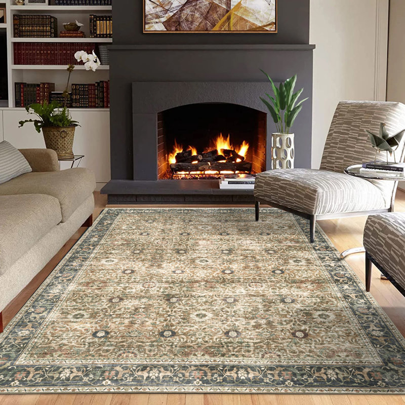 Myshawn Dua Distressed Border Brown Gray Beige Machine Washable Area Rug, Rectangle 5' x 7'