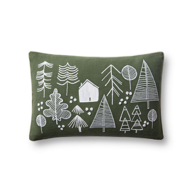 Forest Green Embroidered Woodland Scene Throw Pillow