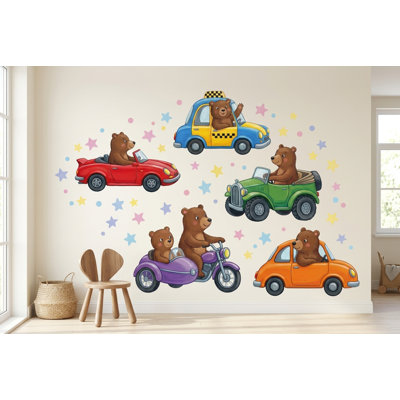Cute Bear Cars Peel and Stick Vinyl Wall Decal for Nursery