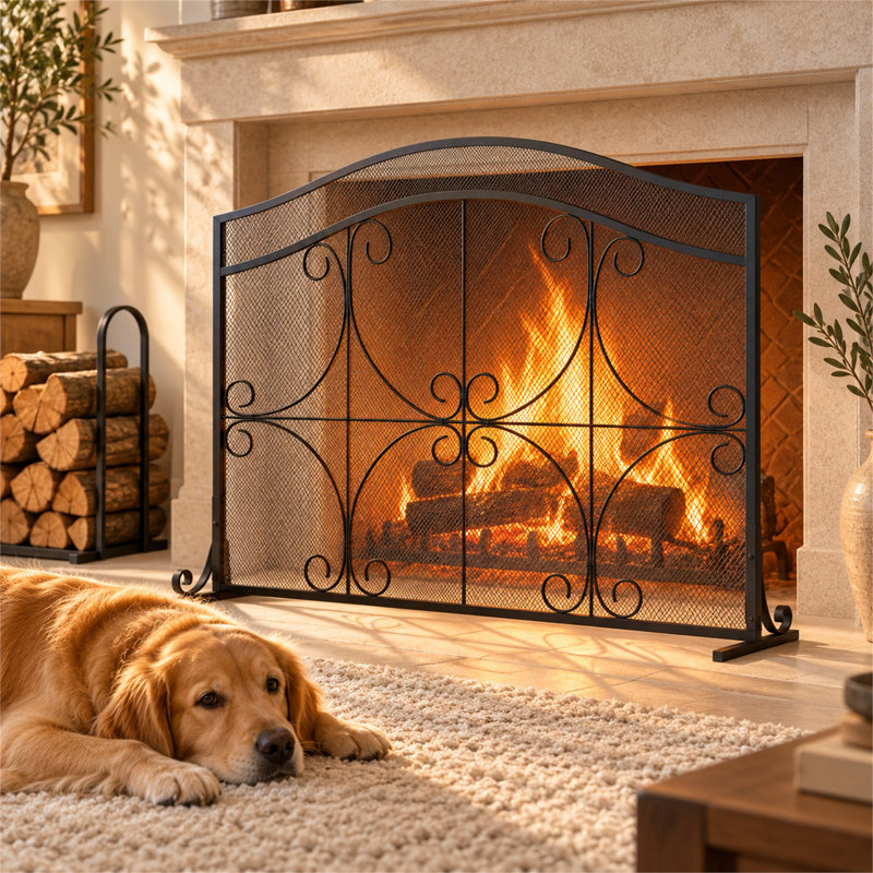 41" W Black Iron Fireplace Screen with Scrollwork