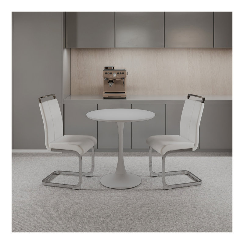 Table de salle à manger 31,5 "circulaire blanche, table de salle à manger, table de salle à manger pour 2 à 4 personnes, plateau et base en panneau de fibres à densité moyenne et 2 chaises de salle à manger en métal argenté
