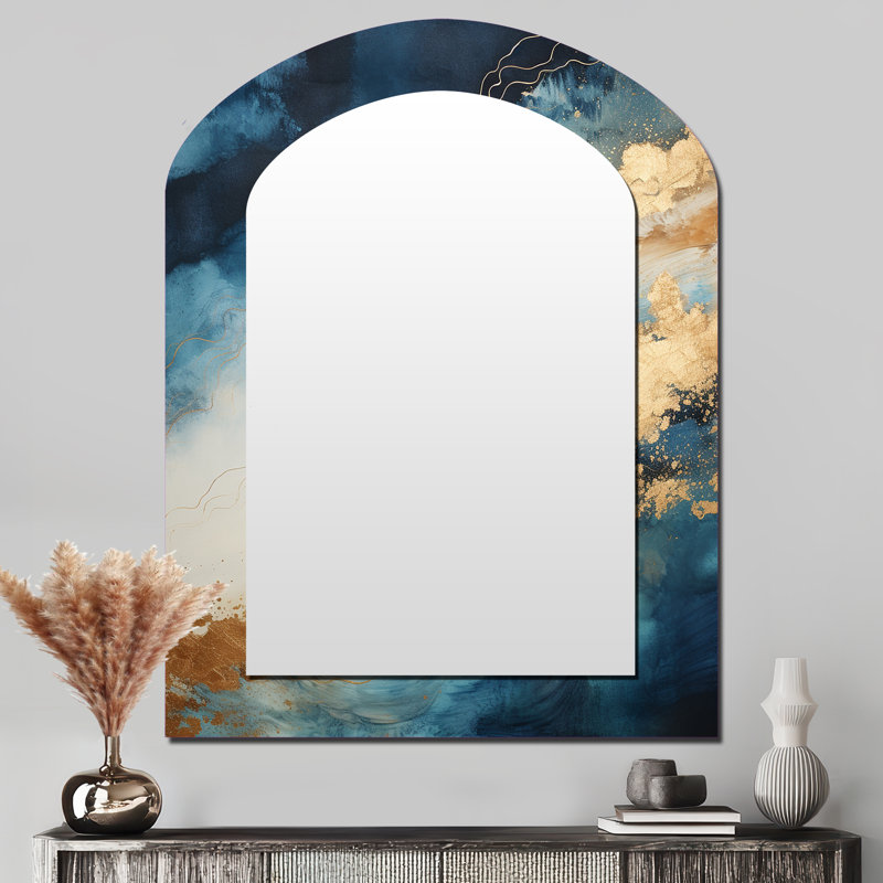 Blanc et bleu Goldern abstrait rivière I - miroir asymétrique Northern Lights, miroir mural unique arche beige, impression d'art en métal