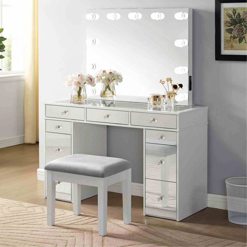 1Pc Vanity W/ Stool Set Glass Top Storage Drawers Central Mirror W/ Bulbs USB And Power Outlet White And Gray Finish