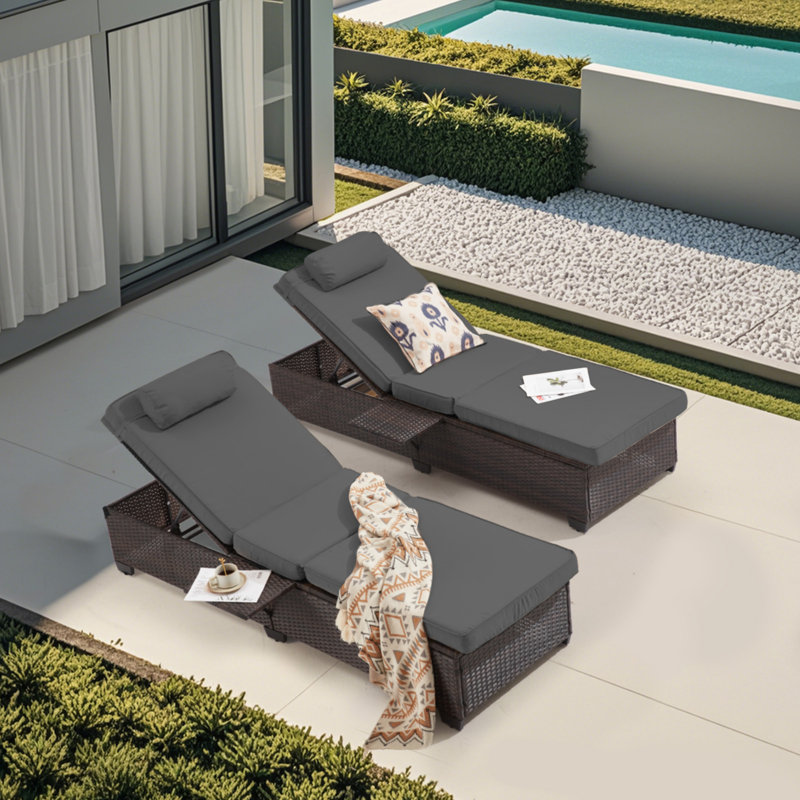 2-Pack Adjustable Outdoor Lounge Chairs, Poolside Chaise Lounge With 5-Position Backrest, Thick Cushion & Cup Holder, All-Weather PE Rattan Patio Furniture