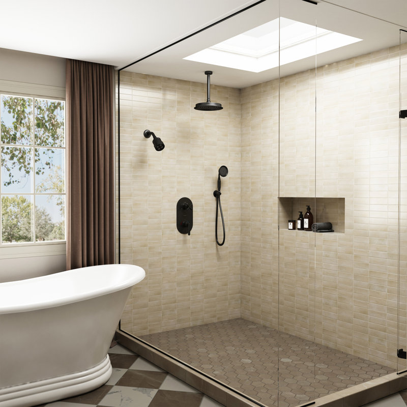 Vintage Racetrack Thermostatic Rainfall Shower System with Dual Showerheads & 3-Way Diverter