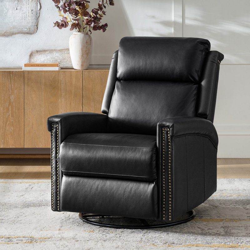 Volodia Transitional Genuine Leather Dual Motor Power Swivel Rocker Recliner with Adjustable Headrest, Black