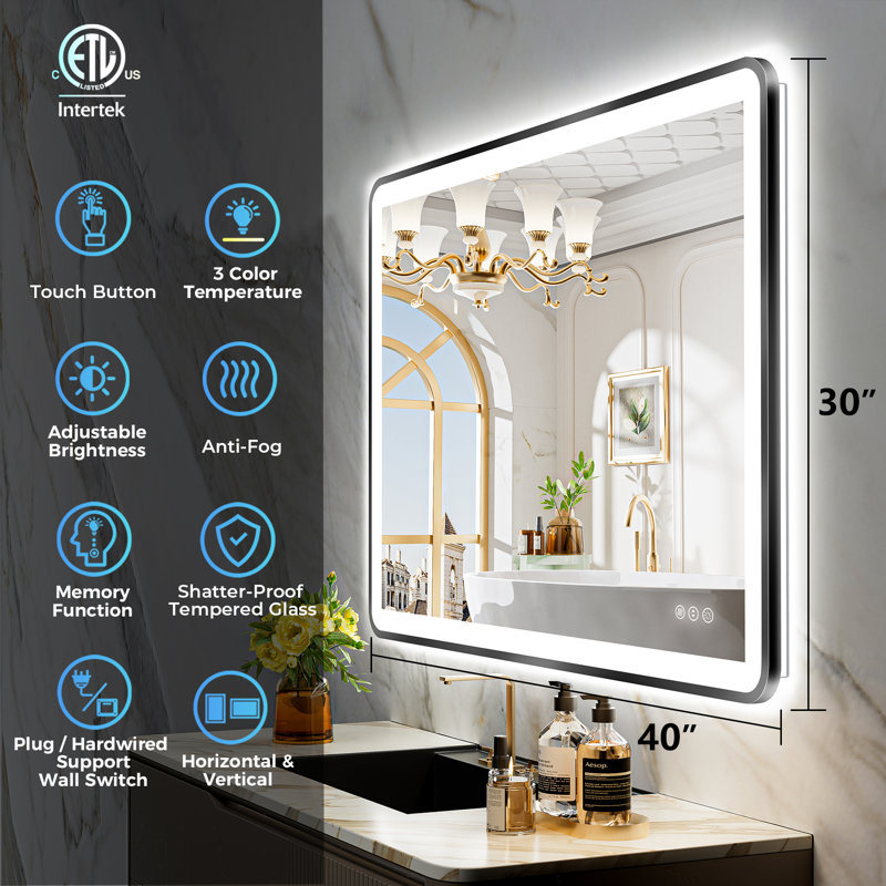 Hyosvany Matte Black Matel Framed LED Vanity Mirror with Front-lit and Back-lit, Memory Function, 3 Color Temperatures, Dimmable Light & Anti-fog Tempered Glass Mirror