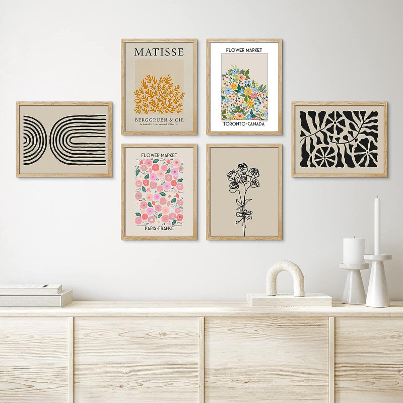 Henri Matisse Mid-Century Modern Shape Flower Market Pictures Framed Wall Art 6 Pieces Paper Print, 16" H x 12" W x 1" D