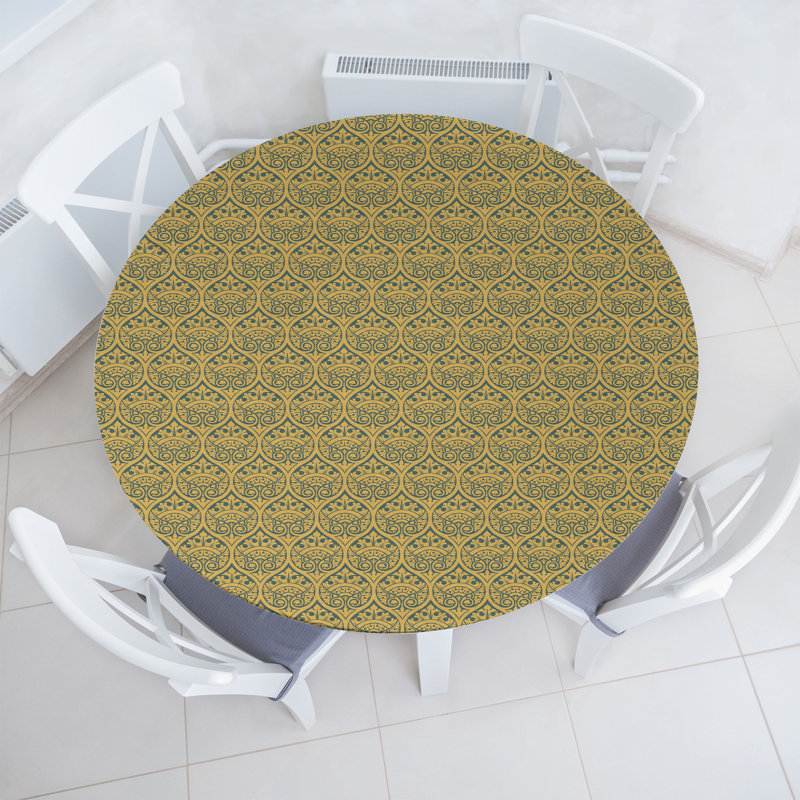 East Urban Home Vintage Fitted Round Tablecloth Diameter Earth Yellow Slate Blue, 51.97" Round