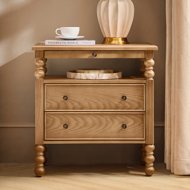 Aristidh Traditional 26"W 2-Drawer End Table with Charging Station and Pull-Out Shelf and Easy Assembly, Oak