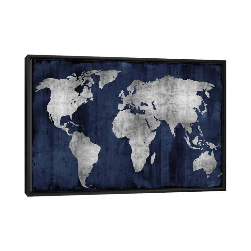 «The World», impression sur toile en argent et bleu, H 18 po x l 26 po x p 1,5 po, Toile avec cadre noir, Pas de tapis