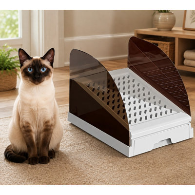 These Gray, Small plastic inclined steps assist access to various cat litter box sizes, with a non-stick surface, height-adjustable design, and easy-clean construction.