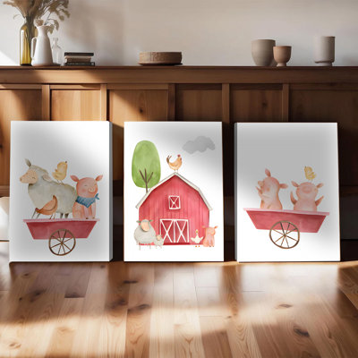 Ensemble de 3 affiches encadrées, toiles murales représentant des animaux de la ferme (cochons, moutons et poules à l'aquarelle), décoration mignonne et ludique pour chambre d'enfant, style rustique, idéale pour une chambre, une salle de jeux ou un salon.