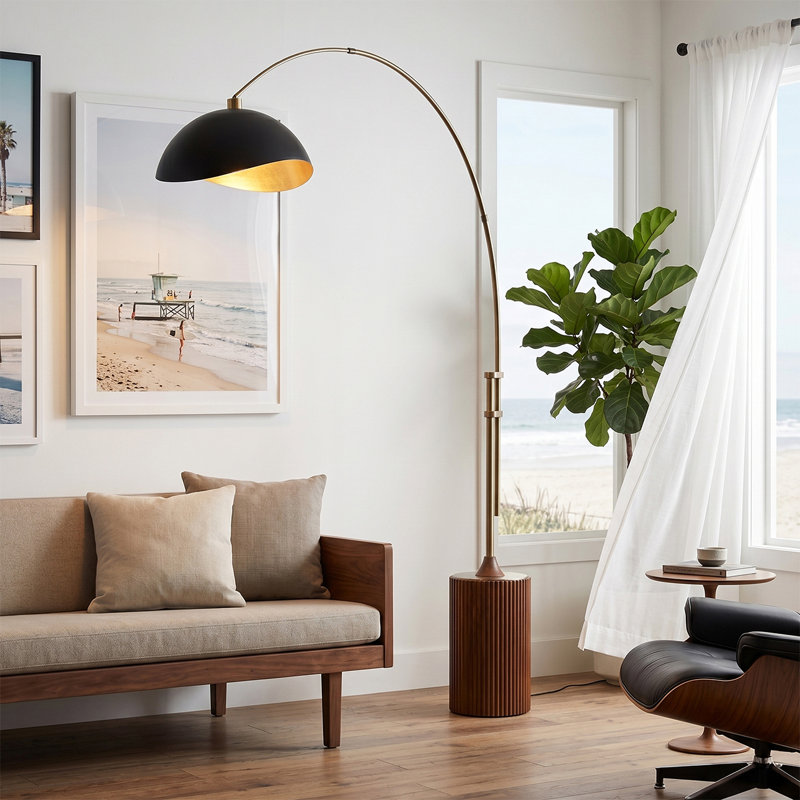 Lampe Tambo Luna 92 po - Laiton vieilli, base noyer foncé, feuille d'acier noir mat / doré, à intensité variable, ampoule incluse