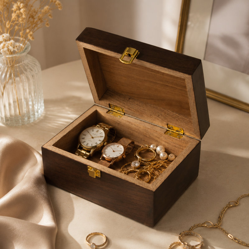 Boîte à souvenirs décorative en bois d'acacia fabriquée à la main 7 po , Moyenne